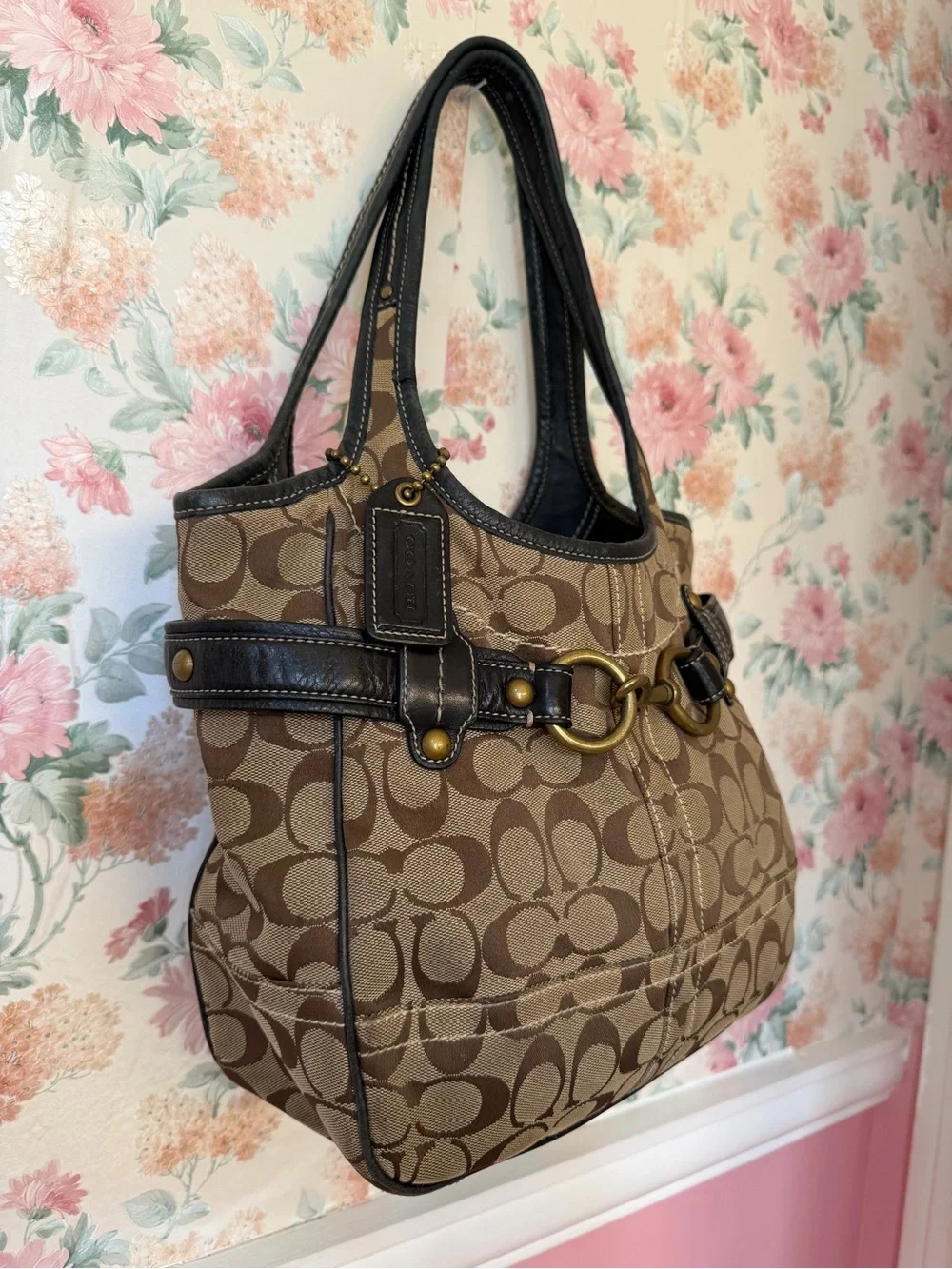 Y2k Coach Signature Canvas Brown Tote with Leather Trim